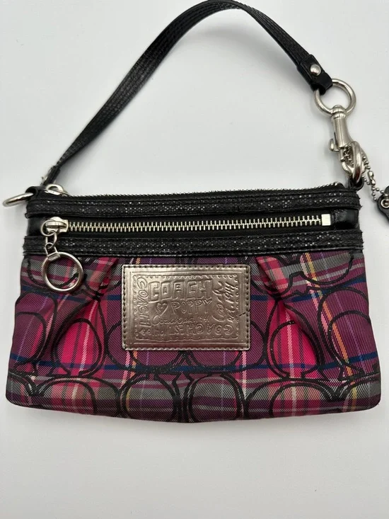 Coach Poppy Plaid Tartan Wristlet Double Zip Y2K Glam Signature C Pink Black - Picture 4 of 16